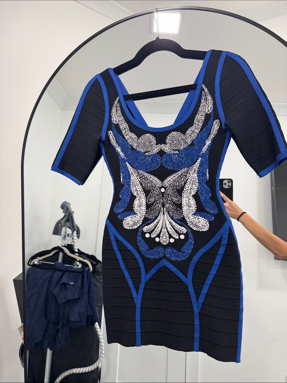Herve Leger Black and Royal Blue Embellished Bodycon Dress